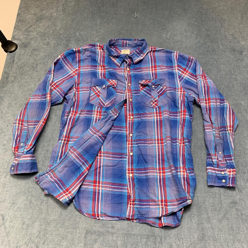 Old Navy Western Shirt Mens XL Navy Blue Windowpane Cotton Pearl Snap Cowboy